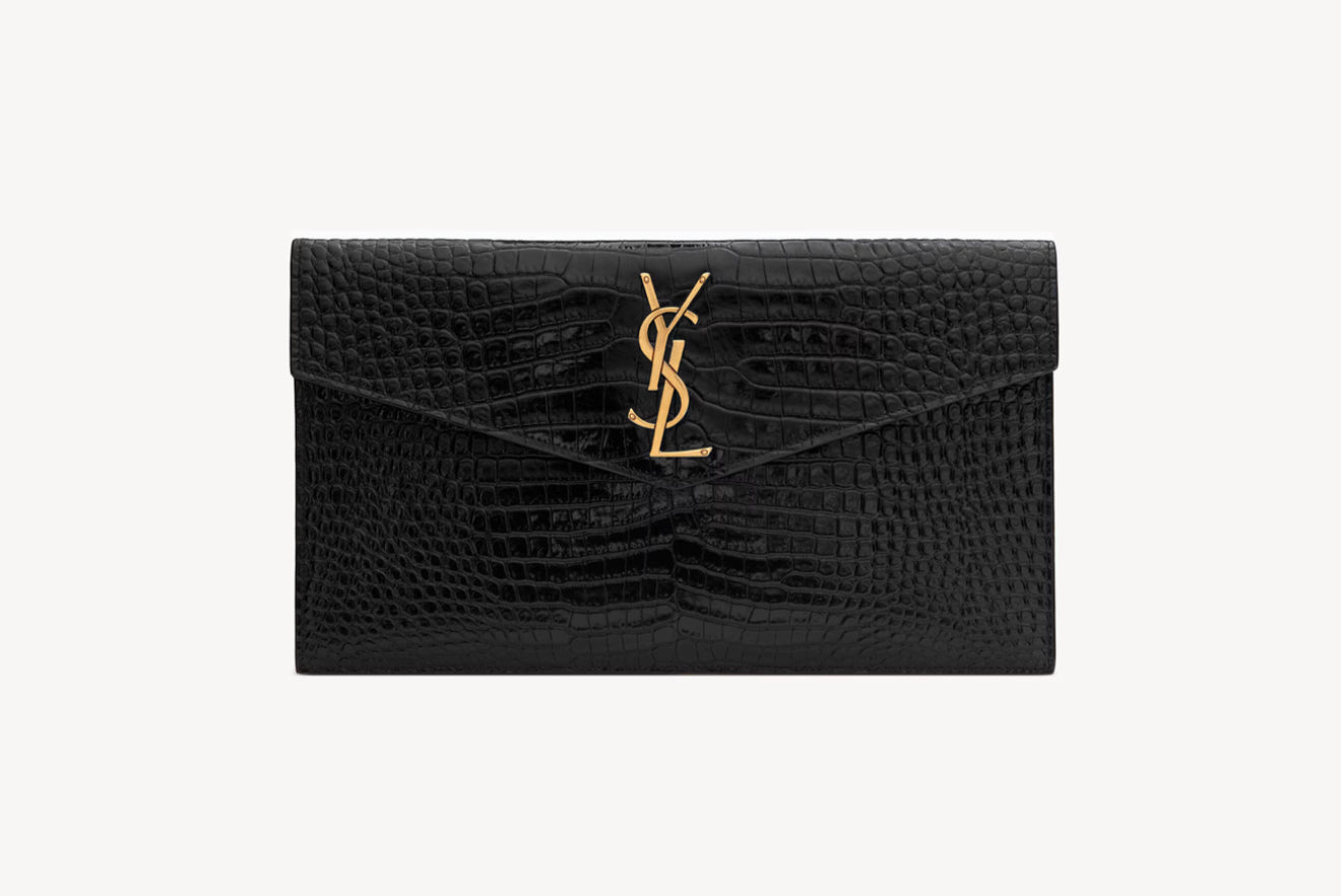 Pochette Saint Laurent Uptown in pelle Lucida di coccodrillo goffrata